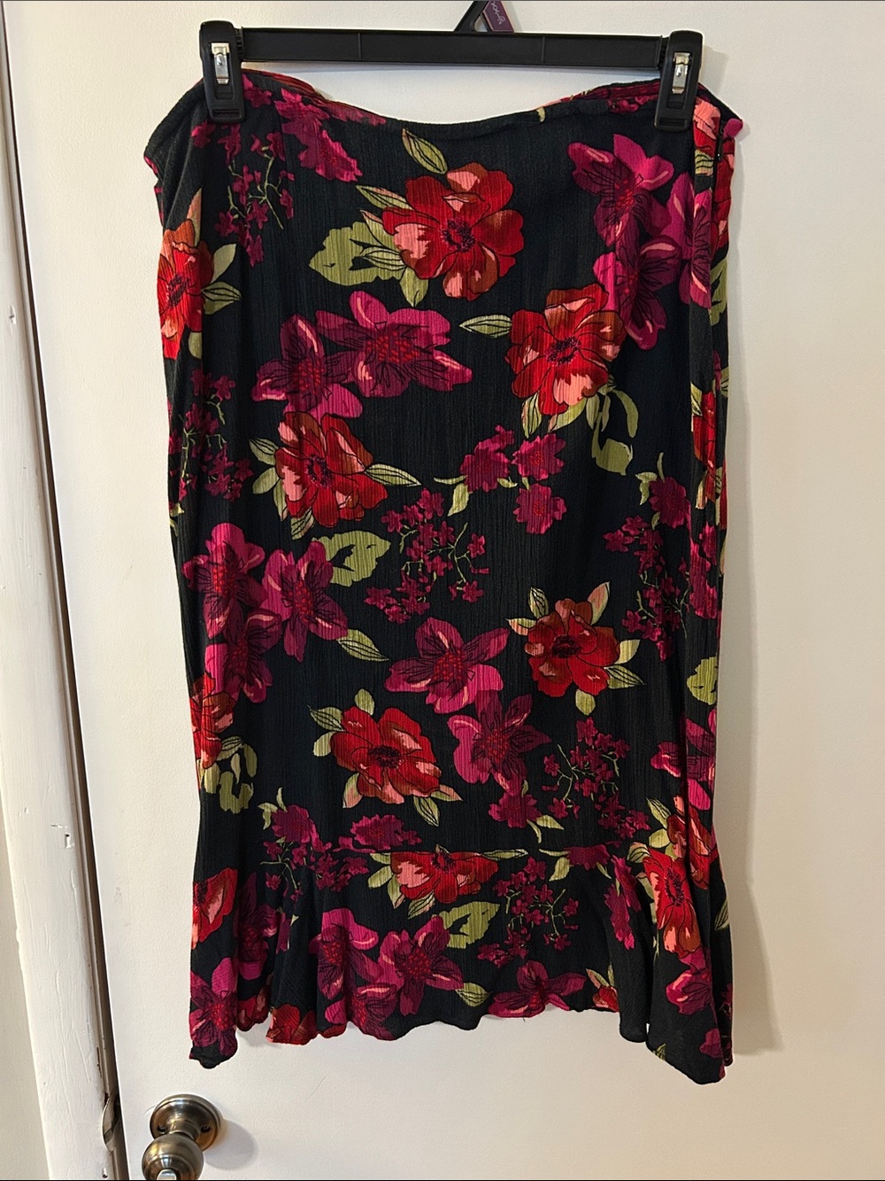 White Stag Black Midi Skirt with Pink & Red Floral Print